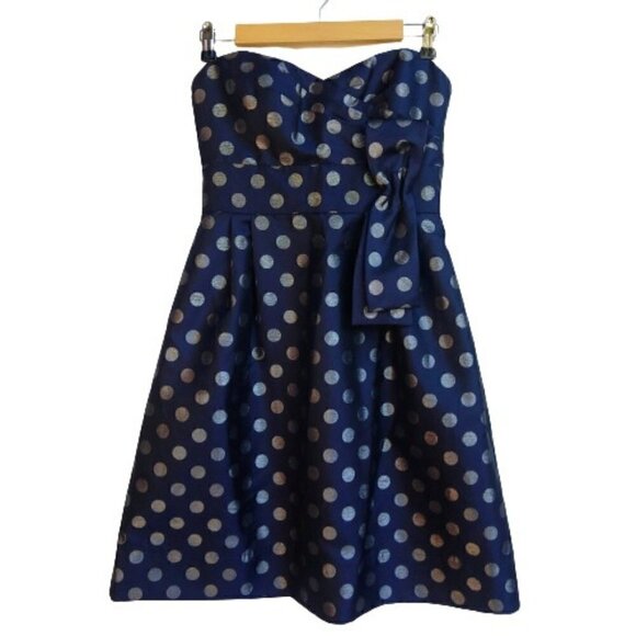Eliza J Navy Blue Silver Polka Dot Strapless Fit & Flare Dress Size 4 New Years - Picture 1 of 8